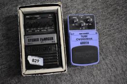 An Arion SFL-1 stereo flanger guitar pedal and a Behringer TO100 tube overdrive guitar pedal