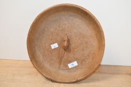 A 20th-century Robert 'Mouseman' Thompson of Kilburn tooled oak shallow bowl, featuring a central
