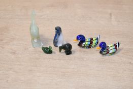 A selection of 20th-century small bird studies, to feature two small glass ducks, a hardstone jade