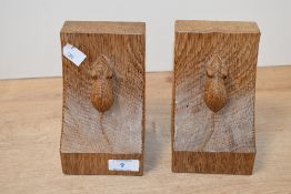 A fine pair of 20th-century Robert 'Mouseman' Thompson of Kilburn oak tooled bookends, of sloped