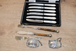 A small selection of 20th-century tableware, to feature two Silver decanter labels, the 'Port'