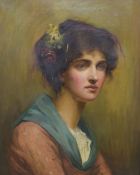 A 19th/20th Century oil on canvas portrait, depicting a seated young woman with hair adorned with