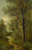 A 19th Century oil on canvas landscape, a moonlit footpath, unsigned or attributed, within a gilt