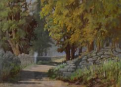 Joyce K Burns (British 20th Century) Oil pastel 'Summer Day, Near Windermere', a study of a walled