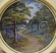 A 20th Century Arcylic on circular board, a spring woodland scene with bluebells, artist's