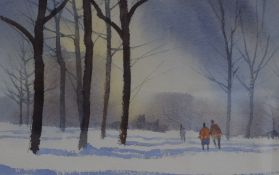 A.D 'Eddie' Askew (British 20th Century) Watercolour 'Winter Walk', a woodland in snow with figures,