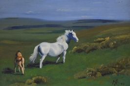 A 20th Century oil on board, a landscape equine study with white mare and foal, initialled (MC)