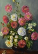 F.J Scarlett (British 20th Century) Oil on board 'Bowl of Mixed Dahlias', a floral still life,