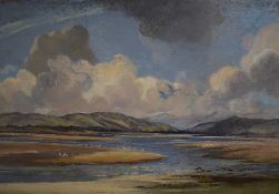 A pair of 20th century oils on canvas, mountainous estuary scenes, unsigned or attributed, unframed,