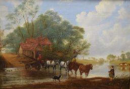 A 19th Century oil on canvas landscape, depicting figures on horseback crossing a river, unsigned or