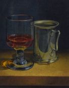 Tim Gustard (British b.1954) Acrylic on board still life, depicting a metal tankard and glass of