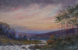 C.H Flooks (British 20th Century) Watercolour, a moorland river study at sunset, signed lower