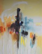 A 20th Century embellished print on canvas, an abstract cityscape highlighted with acrylic, unsigned