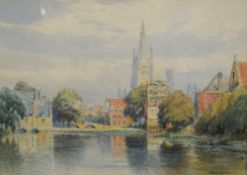 William Woodhouse (British 1857-1939) Watercolour, a river cityscape, signed lower left, within a