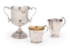 TWO SILVER CHRISTENING MUGS AND A TROPHY CUP, ENGLISH, 20TH CENTURY
