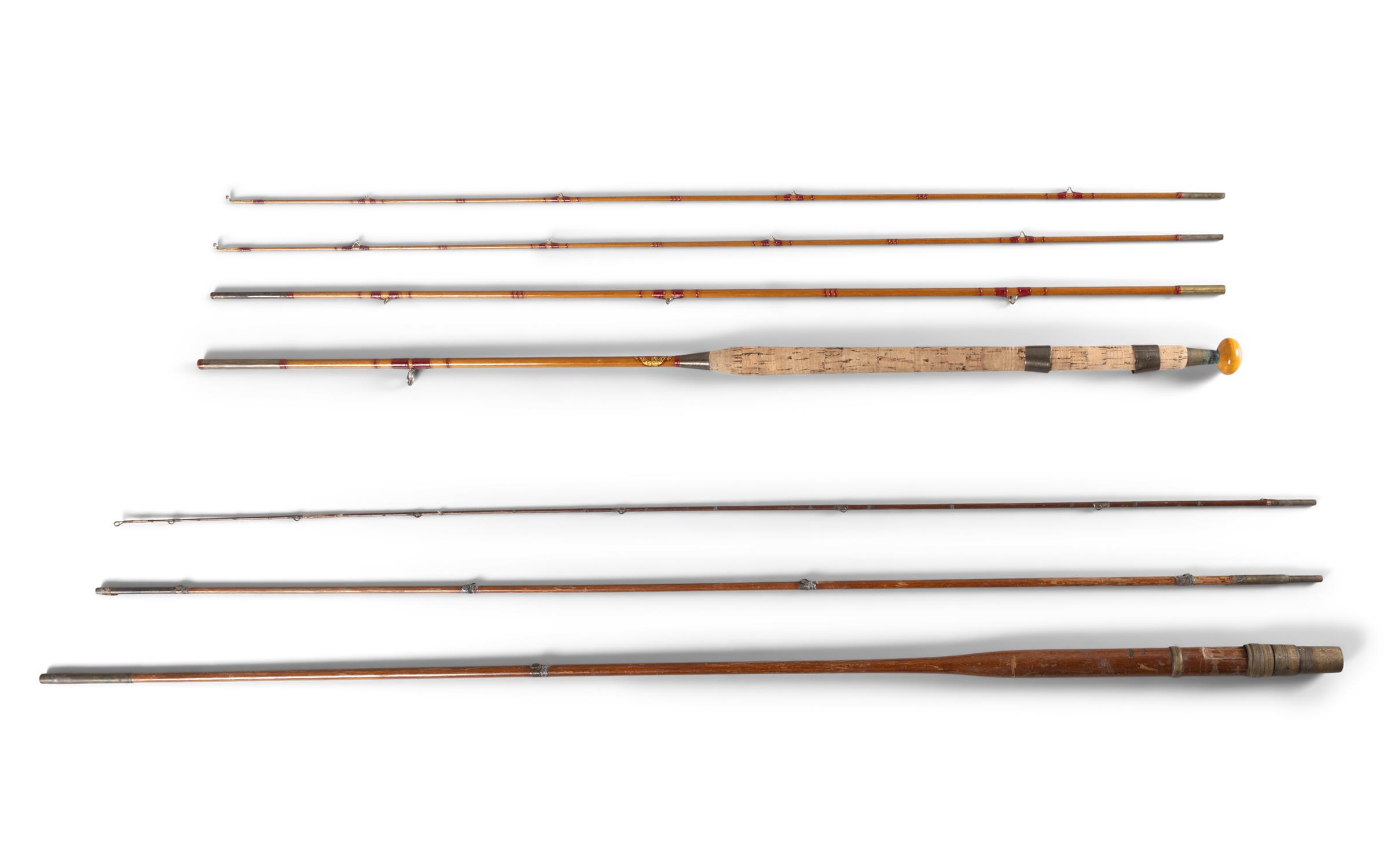 A VINTAGE FOUR PIECE 'SPLIT CANE' FISHING ROD BY A.E VERONA, CALCUTTA fitted with cork handle,