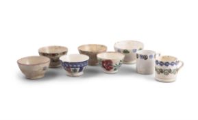 A SELECTION OF SIX SPONGEWARE PAINTED BOWLS, 19TH CENTURY, together with two spongeware painted