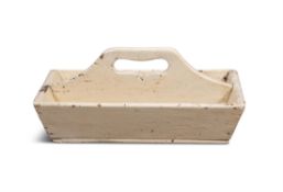 A CREAM PAINTED PINEWOOD CUTLERY TRAY, 20TH CENTURY subdivided in two with integrated handle,