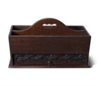 A STAINED OAK CUTLERY TRAY with carved drawer to base and shaped handle, 13.5cm high, 35.
