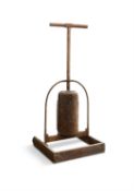 A VINTAGE OAK AND WROUGHT-IRON ROTARY BOOT AND SHOE CLEANER, of upright form, the handle above a