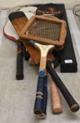 Sporting equipment: to include a snooker cue; tennis/badminton racquets; and a cricket bat