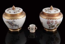 A pair of lidded Royal Worcester potpourris; and a miniature Royal Worcester tyg