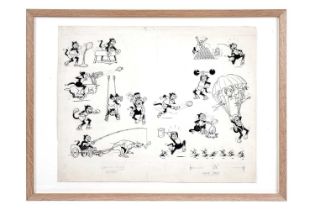 A sheet of original artwork featuring Korky the Cat