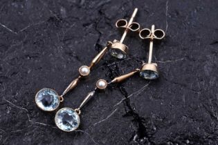 A pair of Edwardian style aquamarine and seed pearl pendant earrings