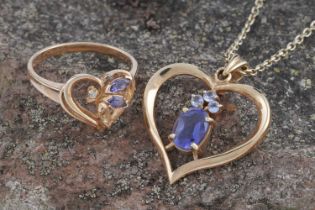 A tanzanite cabochon and amethyst love heart pendant, and heart-shaped ring