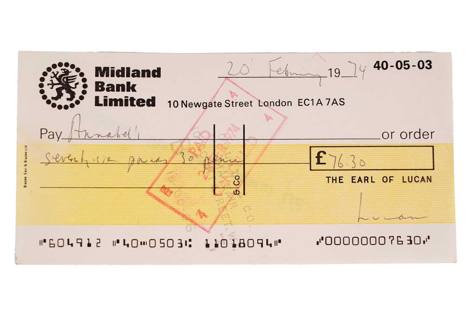 A Midland Bank Limited cheque, signed by Richard John Bingham 'Lord ...