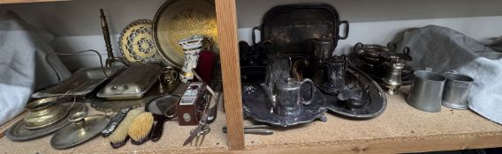 An electroplated twin handled tray and assorted electroplated wares including part tea sets, salver,