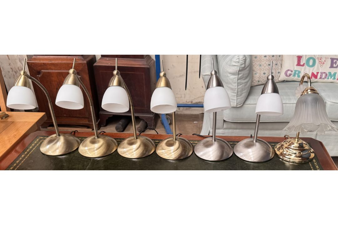 A set of four brass table lamps with opaque glass shades together with a pair of satin steel table - Image 1 of 3