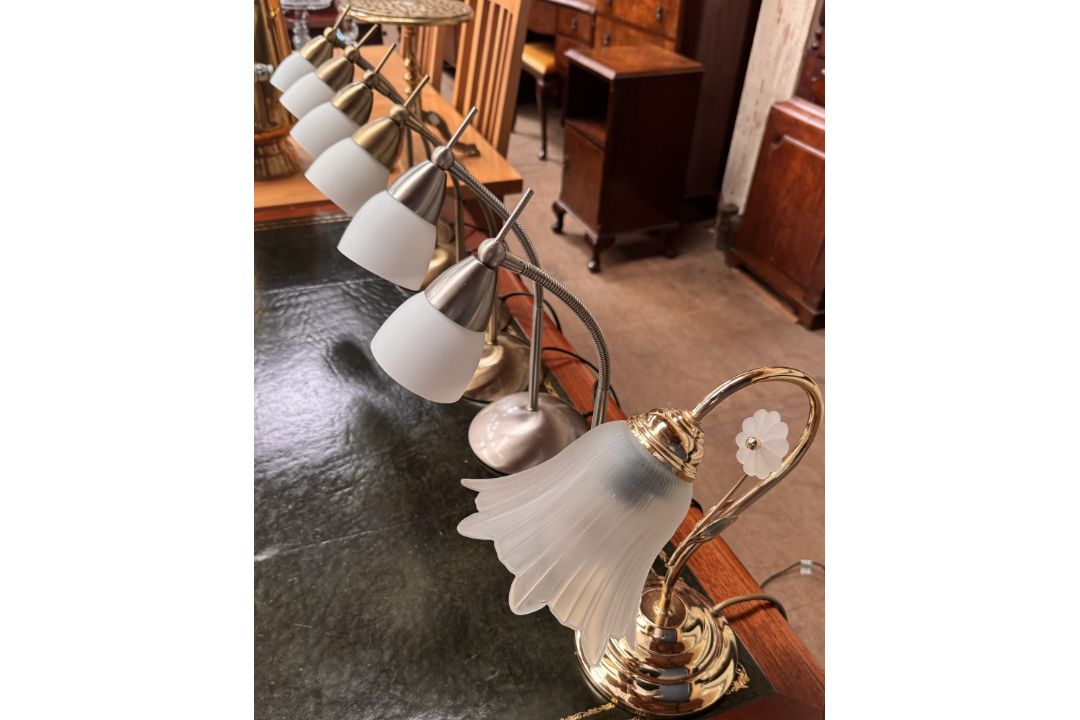 A set of four brass table lamps with opaque glass shades together with a pair of satin steel table - Image 2 of 3