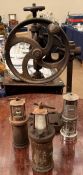A Thomas and Williams miners lamp together with two other miners lamp and a pillar drill