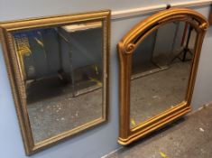 A large gilt wall mirror with an arched top together with a rectangular gilt wall mirror