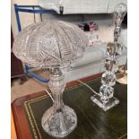 A cut glass mushroom table lamp, the domed cover with hobstar,