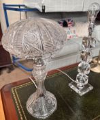 A cut glass mushroom table lamp, the domed cover with hobstar,