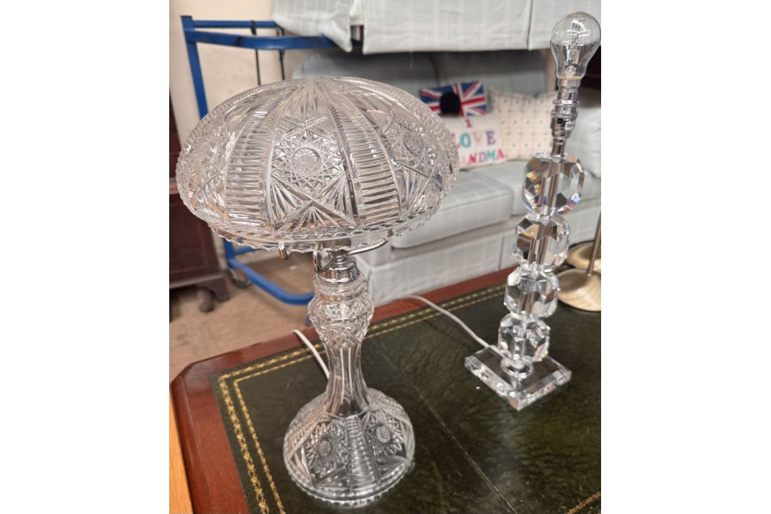 A cut glass mushroom table lamp, the domed cover with hobstar,