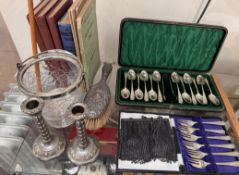 Electroplated spoons together with a silver backed hair brush, books,