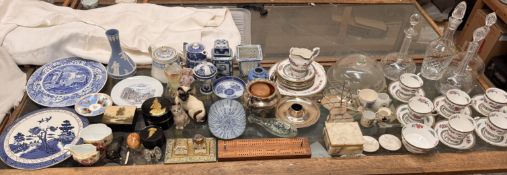 Four glass decanters together with a Paragon part tea service, cribbage board,