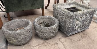 A reconstituted stone planter of square form together with a pair of similar circular planters