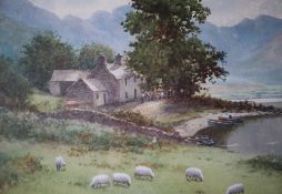 Warren Williams A farmstead by a lake Watercolour Signed 33.
