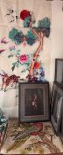 A 19th century woolwork of a parrot together with tapestry pictures and a large silkwork panel