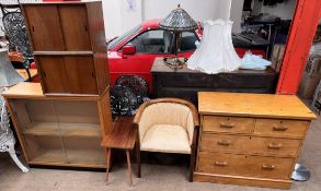 A pine chest with two short and two long drawers on a plinth base together with a horseshoe chair,