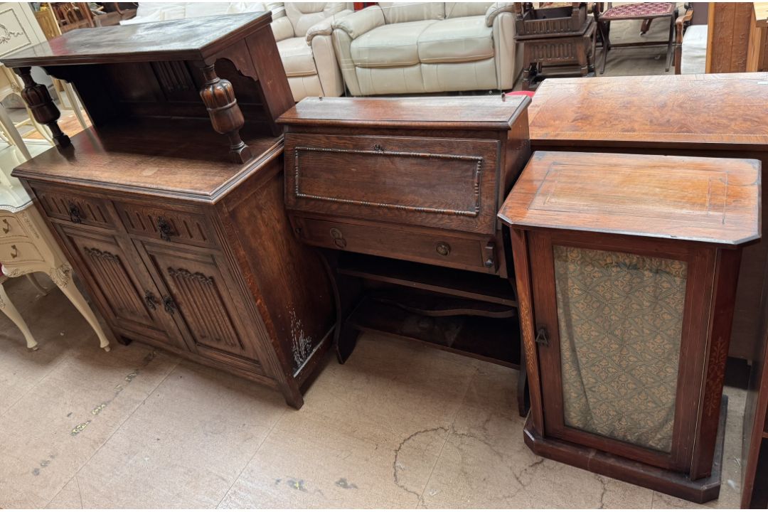 An oak court cupboard together with an oak bureau and a walnut music cabinet - Image 1 of 4