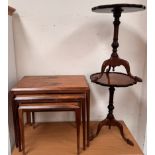 A rosewood nest of three tables together with a pair of mahogany wine tables
