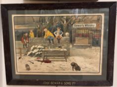 An oak framed advertising print for John Dewar & Sons Ltd depicting four men on and behind a wall