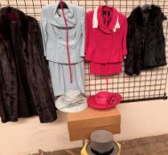 A Brahams full length fur coat together with two Bruce Oldfield outfits, two Graham Smith Hats,