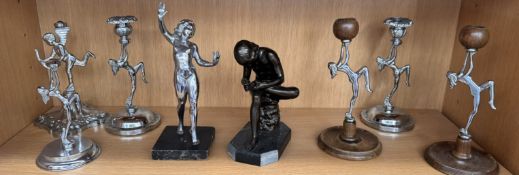 A bronzed model of Boy with thorn together with a silvered figure of a dancing female figure,