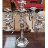 An electroplated four branch chandelier, on an hexagonal beaded base, 44.